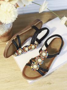 度假黑色露跟涼鞋適用於女士珍珠和串珠裝飾涼鞋
