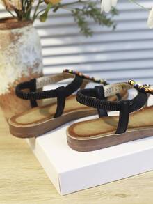 度假黑色露跟涼鞋適用於女士珍珠和串珠裝飾涼鞋