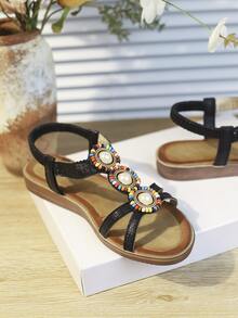 度假黑色露跟涼鞋適用於女士珍珠和串珠裝飾涼鞋