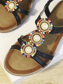 度假黑色露跟涼鞋適用於女士珍珠和串珠裝飾涼鞋