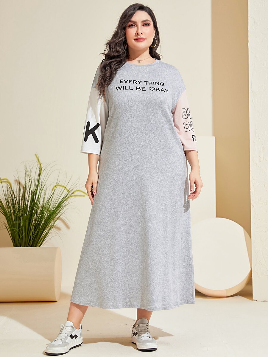Mulvari Plus Slogan Graphic Drop Shoulder Tee Dress - Multicolor - View 1