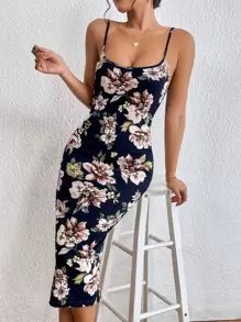 SHEIN Privé Floral Print Split Hem Cami Dress - Multicolor - View 3