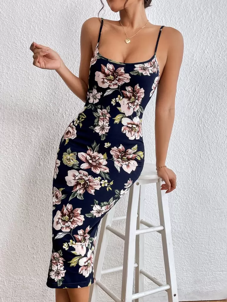 SHEIN Privé Vestido de tirantes con estampado floral bajo con abertura - Multicolor - Añade 3