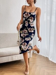 SHEIN Privé Floral Print Split Hem Cami Dress - Multicolor - View 4