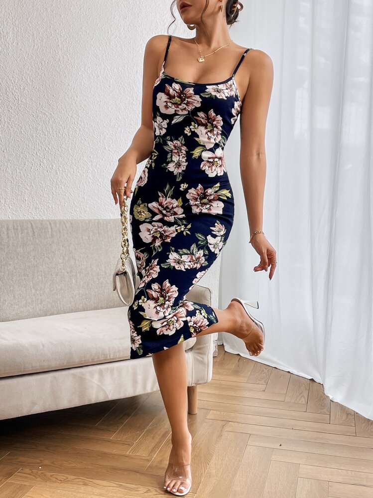 SHEIN Privé Vestido de tirantes con estampado floral bajo con abertura - Multicolor - Añade 4