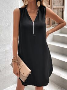 SHEIN LUNE 前拉鏈無袖連衣裙 - 黑色 - 查看 5