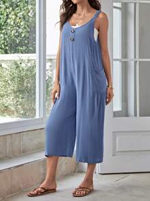 SHEIN LUNE Button Front Dual Pocket Jumpsuit - Dusty Blue - View 1