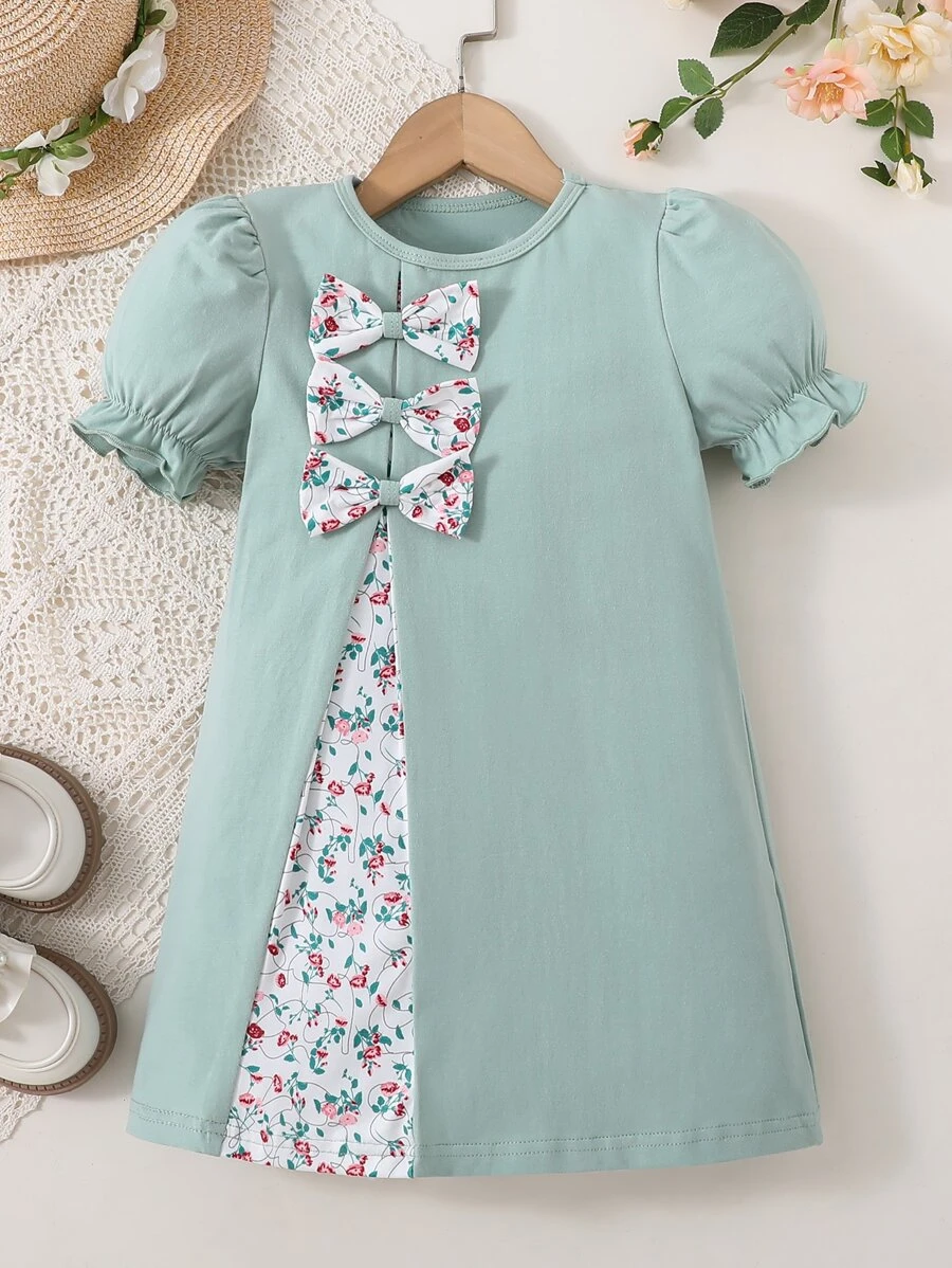小女童碎花前蝴蝶結泡泡袖洋裝