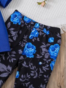 年輕女孩花卉與字母圖案t恤和緊身褲 - 彩色 - 查看 5