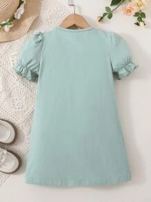 小女童碎花前蝴蝶結泡泡袖洋裝