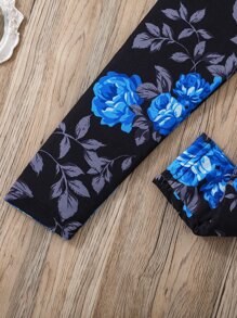 年輕女孩花卉與字母圖案t恤和緊身褲 - 彩色 - 查看 6