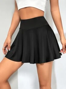 SHEIN EZwear Solid Wideband Waist Flare Skirt - Black - View 5