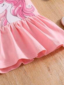 小女童獨角獸印花荷葉邊娃娃裙 - 淺粉色 - 查看 5