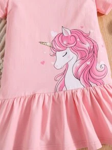 小女童獨角獸印花荷葉邊娃娃裙 - 淺粉色 - 查看 6