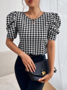 SHEIN Privé Áo cánh tay bồng họa tiết gingham, áo tay ngắn - Đen và trắng - Xem 1