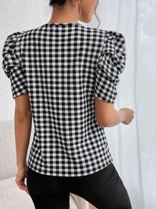 SHEIN Privé Áo cánh tay bồng họa tiết gingham, áo tay ngắn - Đen và trắng - Xem 2