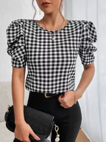 SHEIN Privé Áo cánh tay bồng họa tiết gingham, áo tay ngắn - Đen và trắng - Xem 3