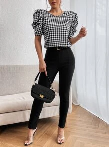 SHEIN Privé Áo cánh tay bồng họa tiết gingham, áo tay ngắn - Đen và trắng - Xem 5