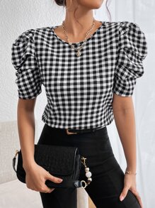 SHEIN Privé Áo cánh tay bồng họa tiết gingham, áo tay ngắn - Đen và trắng - Xem 6