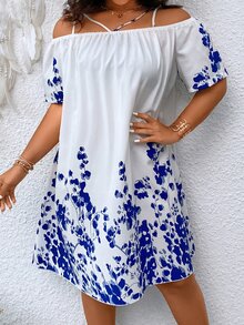 SHEIN Holidaya Vestido con estampado floral de hombros descubiertos - Blanco - Ver 4