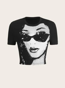 SHEIN ICON Figure Graphic Crop Tee - Black - View 1