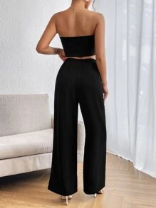 SHEIN Privé 女士簡約黑色無肩帶寬褲兩件套 - 黑色 - 查看 2