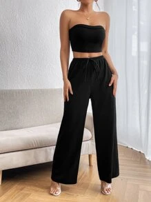 SHEIN Privé 女士簡約黑色無肩帶寬褲兩件套 - 黑色 - 查看 3