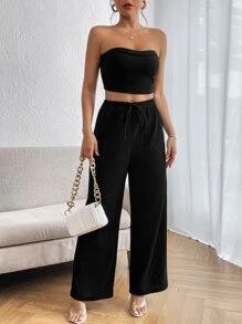 SHEIN Privé 女士簡約黑色無肩帶寬褲兩件套 - 黑色 - 查看 4