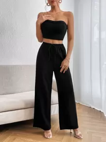 SHEIN Privé 女士簡約黑色無肩帶寬褲兩件套 - 黑色 - 查看 6