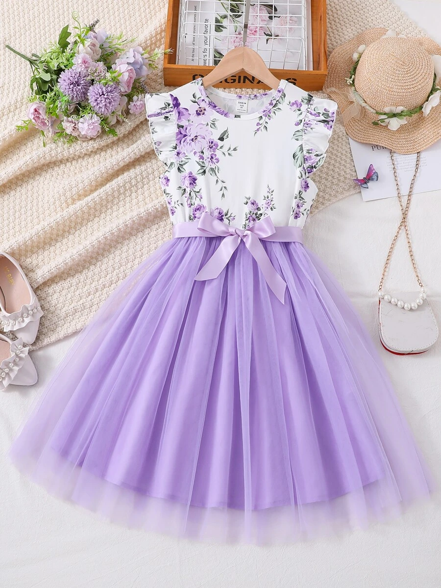 Glamorique Kids Váy lưới viền xếp nếp in hoa cho bé gái tuổi mới lớn, ngày lễ, mùa hè, du lịch - Nhiều màu - Xem 1