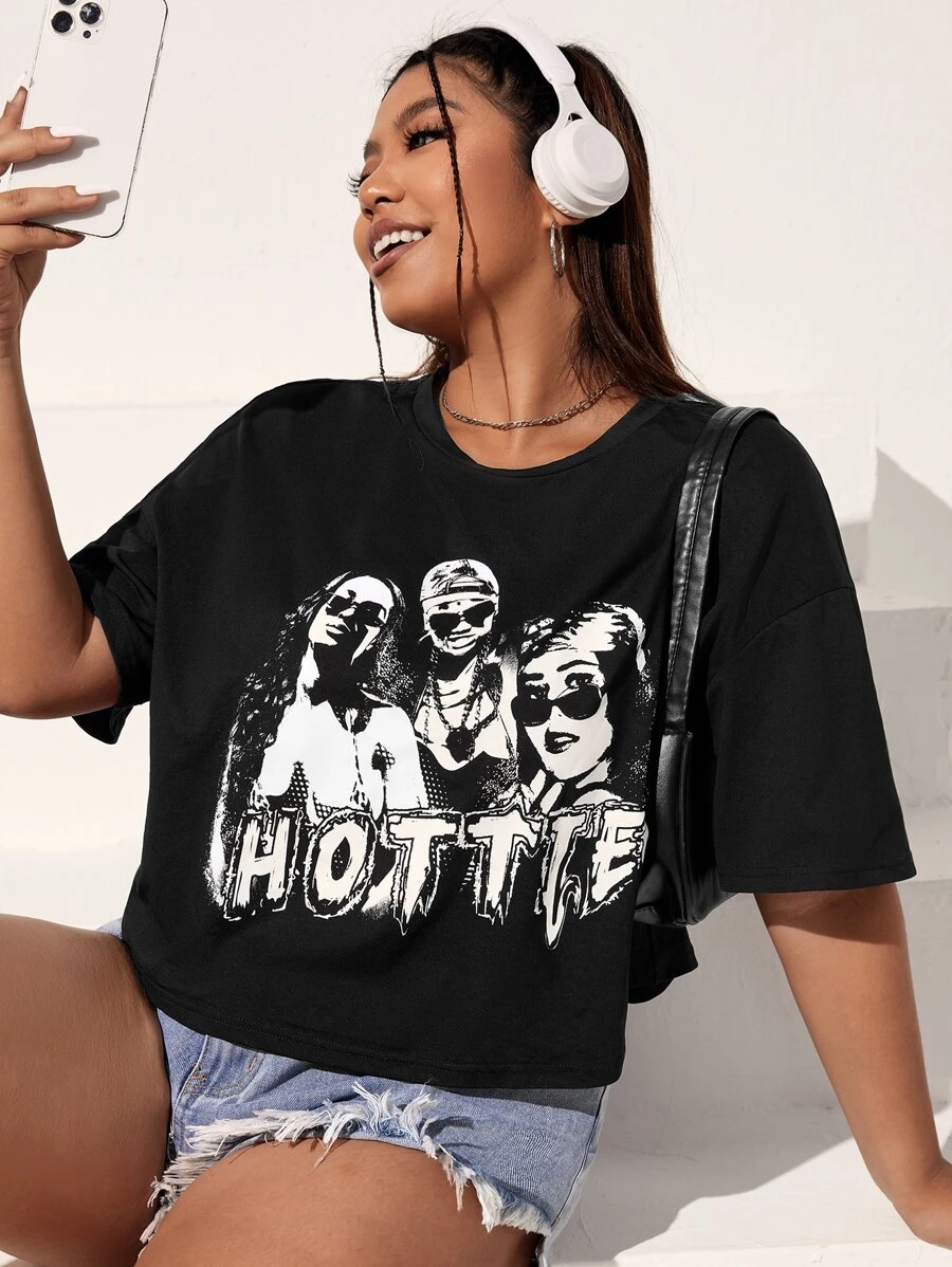 SHEIN Coolane Plus Figure Graphic Drop Shoulder Tee - Black - View 1
