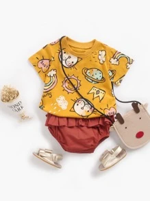 2 Cái/bộ Bé Gái Hình Thú Dễ Thương In Hình Hoạt Hình Áo Tay Ngắn Và Quần Short Tam Giác Bộ Cho Mùa Hè - Nhiều màu - Xem 1