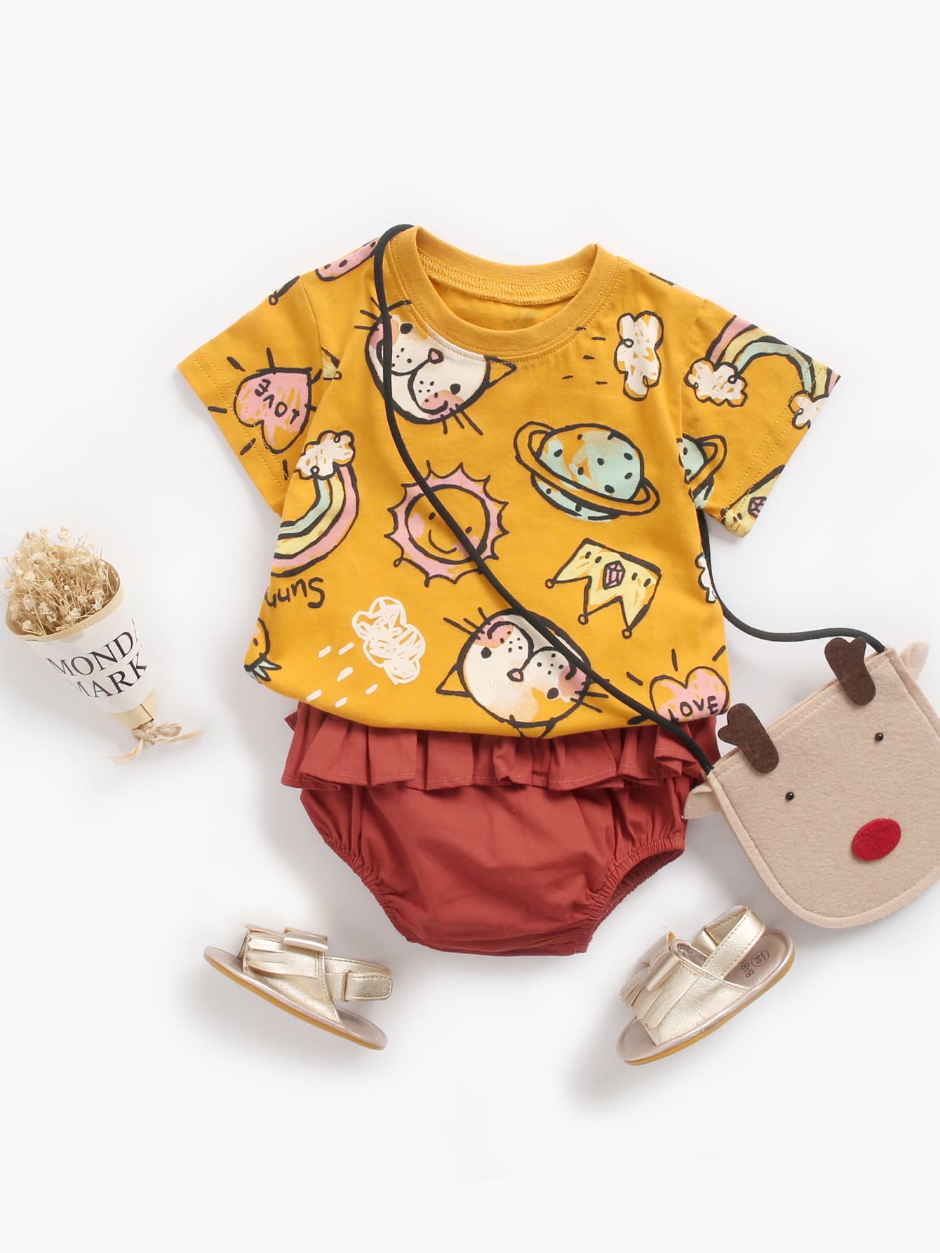 2 Cái/bộ Bé Gái Hình Thú Dễ Thương In Hình Hoạt Hình Áo Tay Ngắn Và Quần Short Tam Giác Bộ Cho Mùa Hè - Nhiều màu - Xem 1