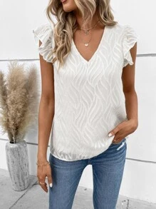 SHEIN LUNE 素色蝴蝶袖V領襯衫 - 白色 - 查看 6