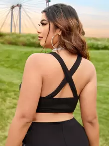 SHEIN Swim Curve Plus Size Solid Criss Cross Back Bikini Top, For Summer Beach Vacation - Black - View 2