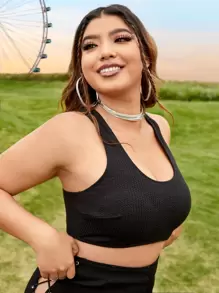 SHEIN Swim Curve Plus Size Solid Criss Cross Back Bikini Top, For Summer Beach Vacation - Black - View 3