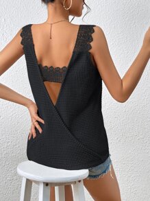SHEIN Essnce Guipure Lace Panel Wrap Backless Tank Top - Black - View 1