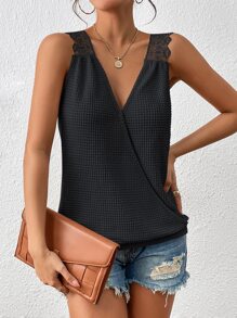 SHEIN Essnce Guipure Lace Panel Wrap Backless Tank Top - Black - View 3