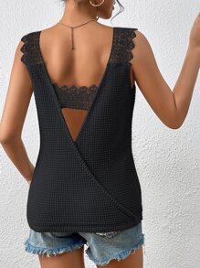 SHEIN Essnce Guipure Lace Panel Wrap Backless Tank Top - Black - View 4