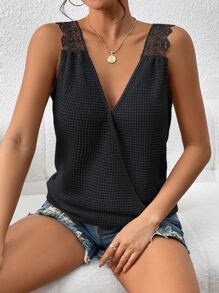 SHEIN Essnce Guipure Lace Panel Wrap Backless Tank Top - Black - View 5