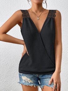 SHEIN Essnce Guipure Lace Panel Wrap Backless Tank Top - Black - View 6