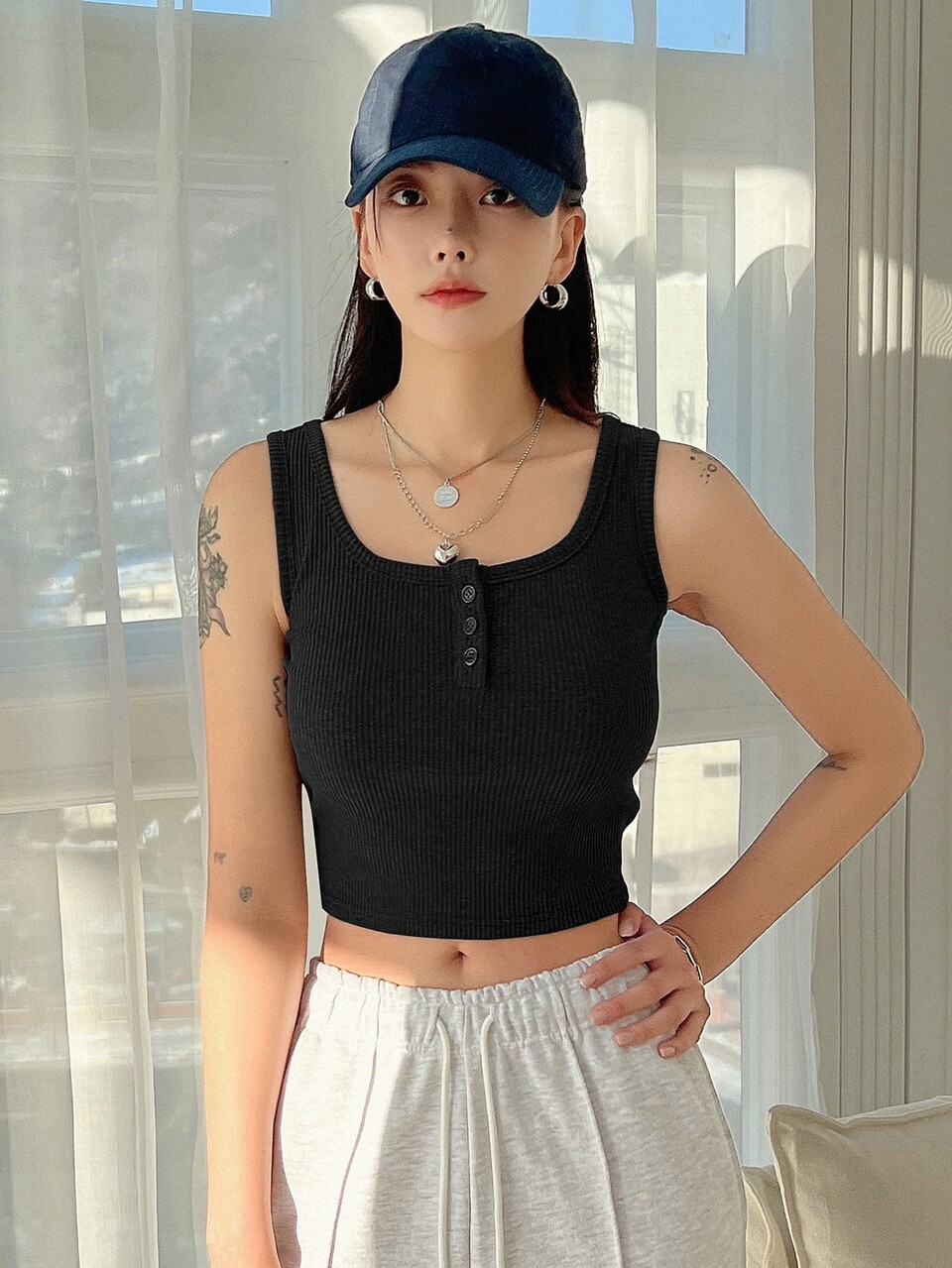 Half Button Crop Tank Top