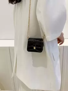 Mini Crocodile Embossed Handbag, Solid Color Chain Shoulder Bag - Black - View 6