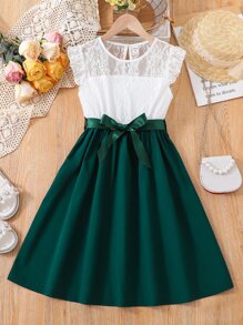 SHEIN Tween Girl Contrast Lace Ruffle Trim Belted Dress - Multicolor - View 1