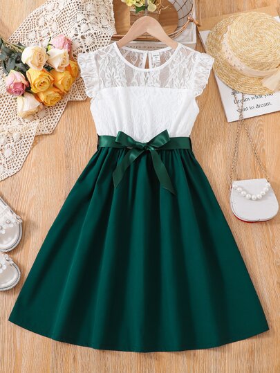 SHEIN Tween Girl Contrast Lace Ruffle Trim Belted Dress