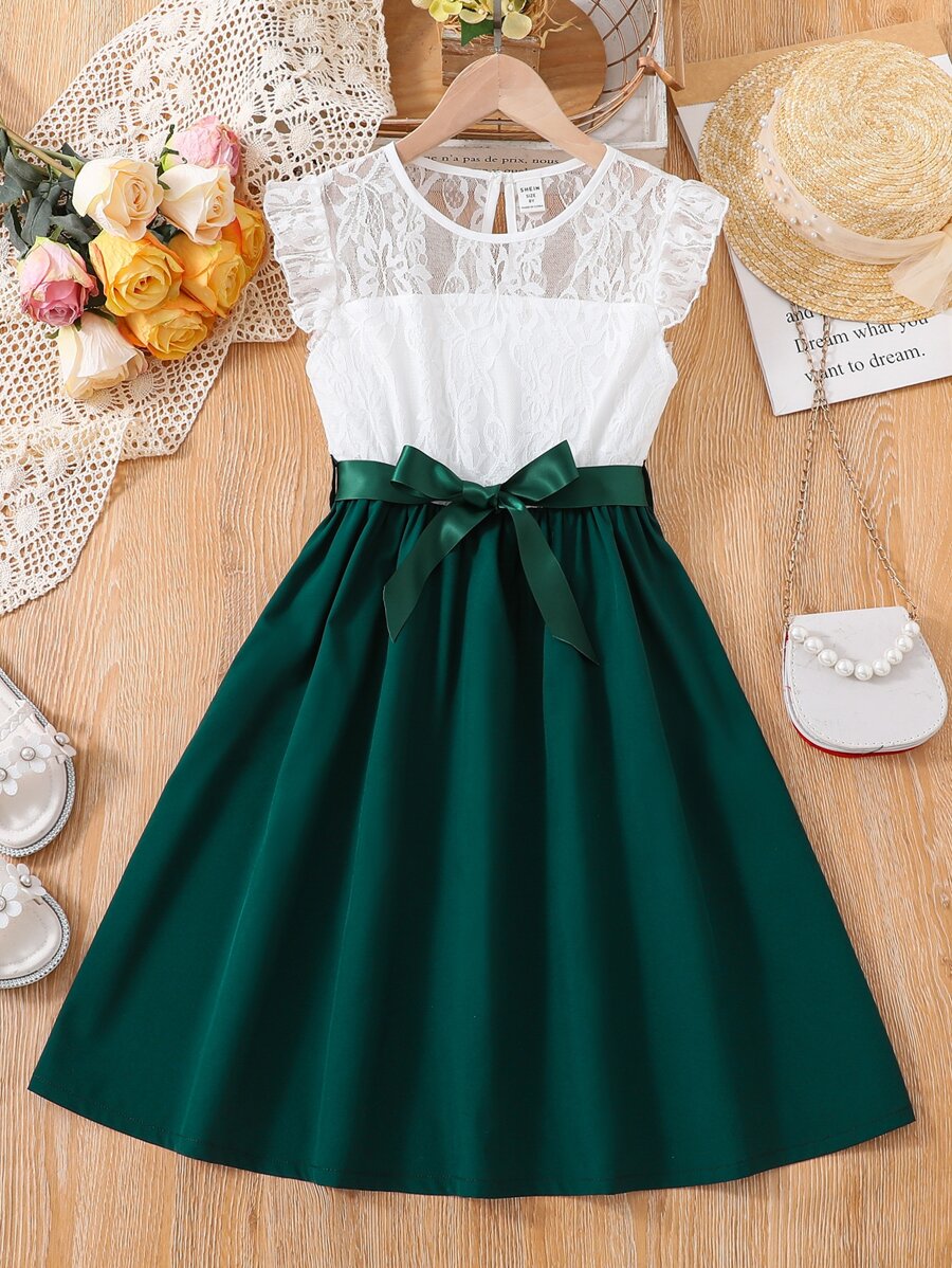SHEIN Tween Girl Contrast Lace Ruffle Trim Belted Dress - Multicolor - View 1