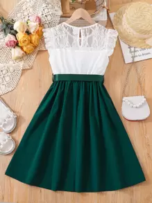 SHEIN Tween Girl Contrast Lace Ruffle Trim Belted Dress - Multicolor - View 2