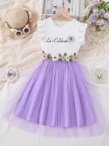 Chicas Vestido de malla con estampado floral y letra ribete con fruncido - Multicolor - Ver 1