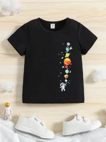 SHEIN Young Boy Black Cartoon Style Astronaut & Planet Print Casual Basic T-Shirt With Small Round Collar For Summer,Holiday,Summer,Travel - Black - View 1