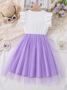 Chicas Vestido de malla con estampado floral y letra ribete con fruncido - Multicolor - Ver 2